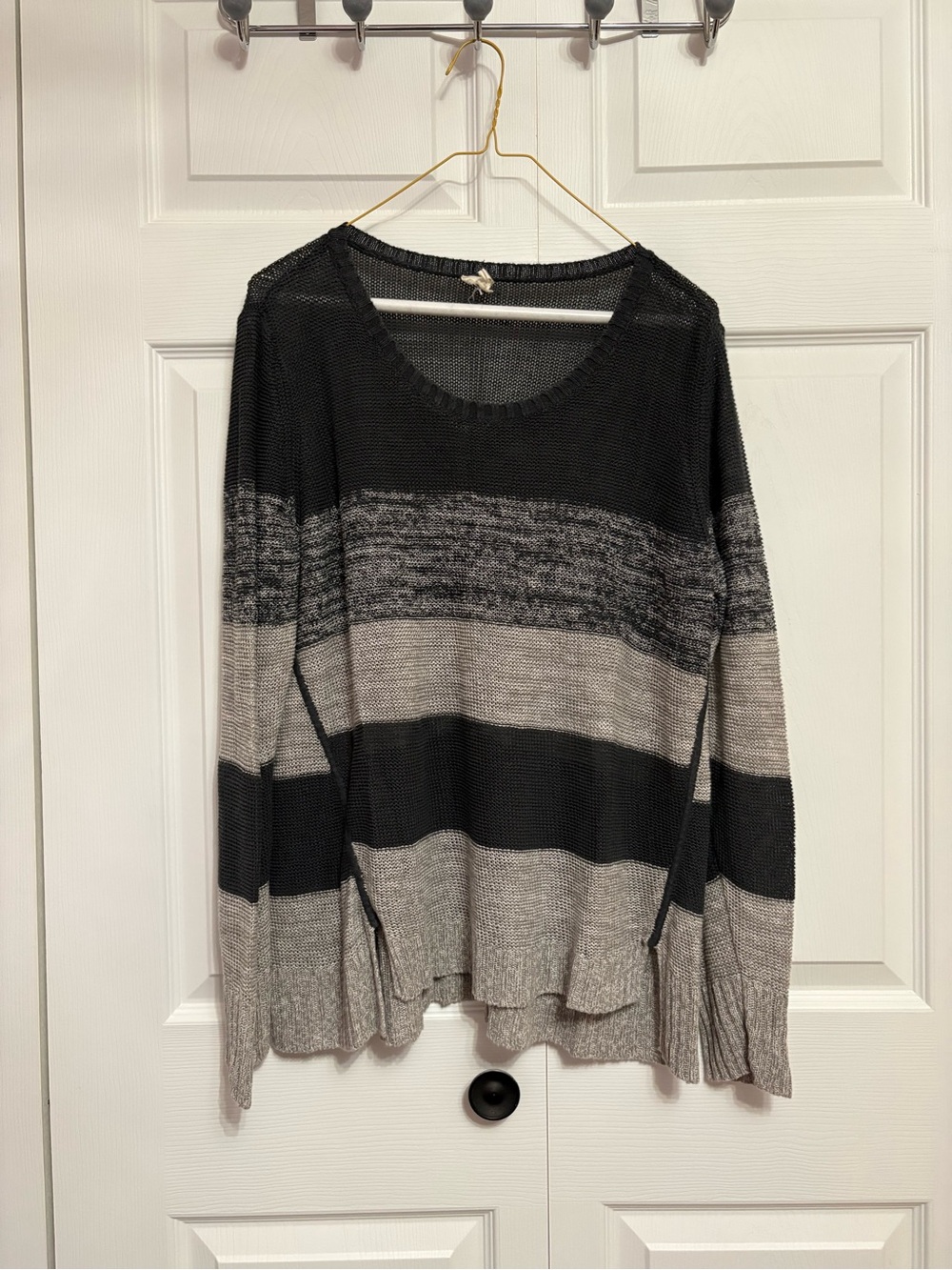 Eileen Fisher Black and Gray Striped Scoop Neck Sweater